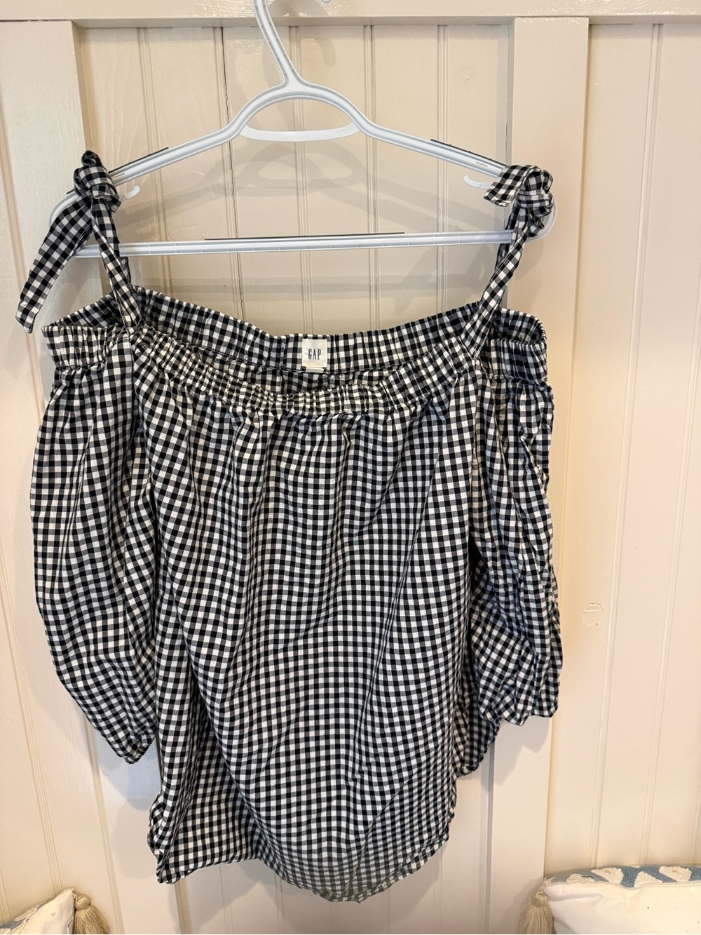 GAP Black & White Gingham Off-Shoulder Tie-Strap Blouse